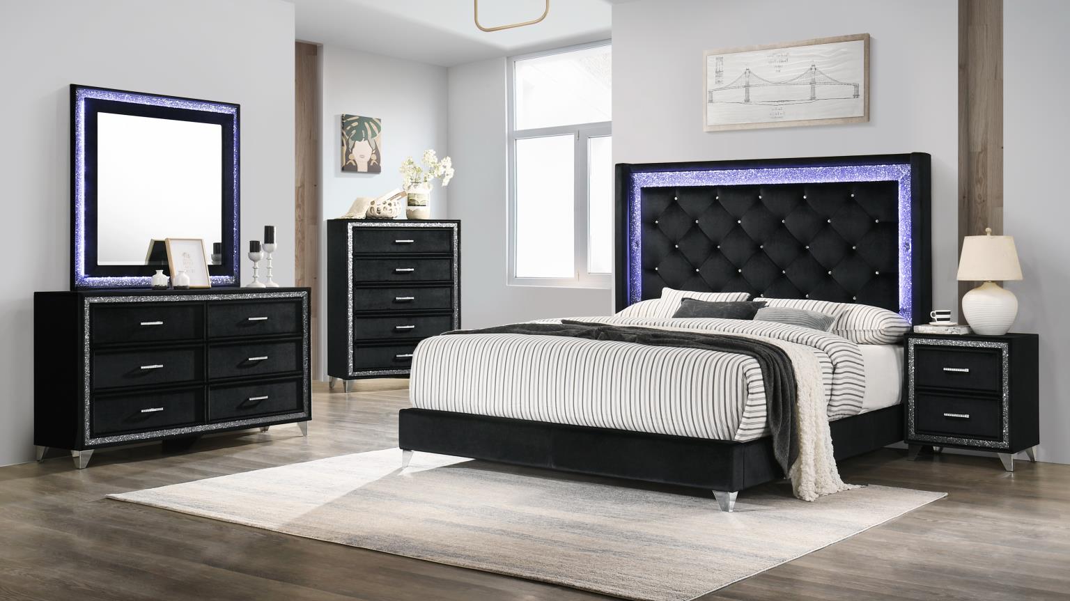 BLACK VELVET LED KING BED