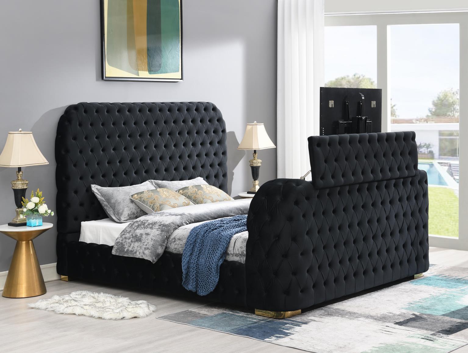 BLACK VELVET KING BED W/FIREPLACE, TV MOUNT & BLUETOOTH SPEAKER & USB