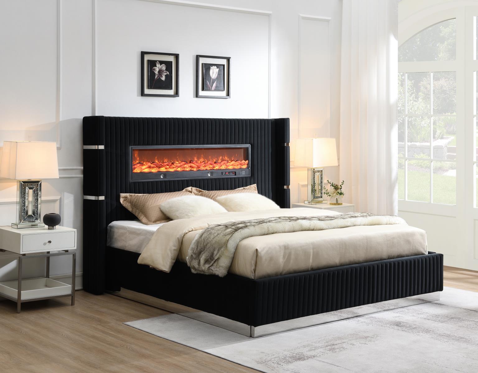 BLACK VELVET QUEEN BED W/FIREPLACE & BLUETOOTH SPEAKER & USB