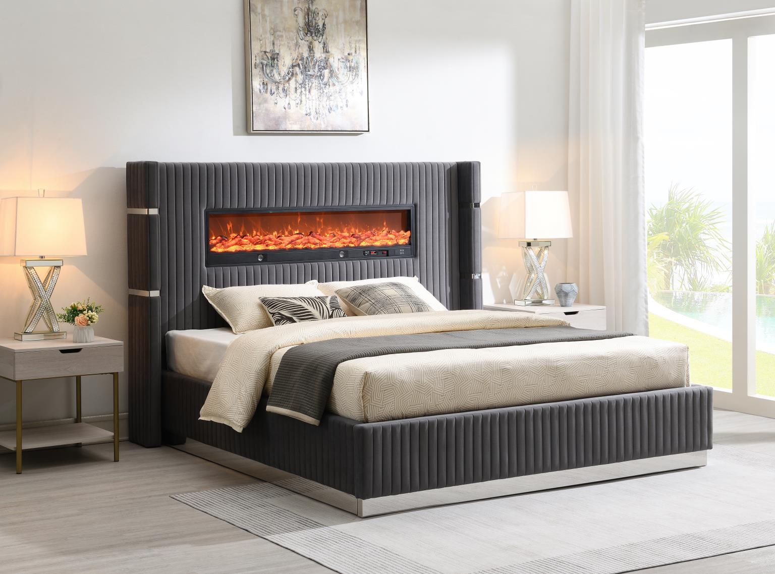 GRAY VELVET QUEEN BED W/FIREPLACE & BLUETOOTH SPEAKER & USB