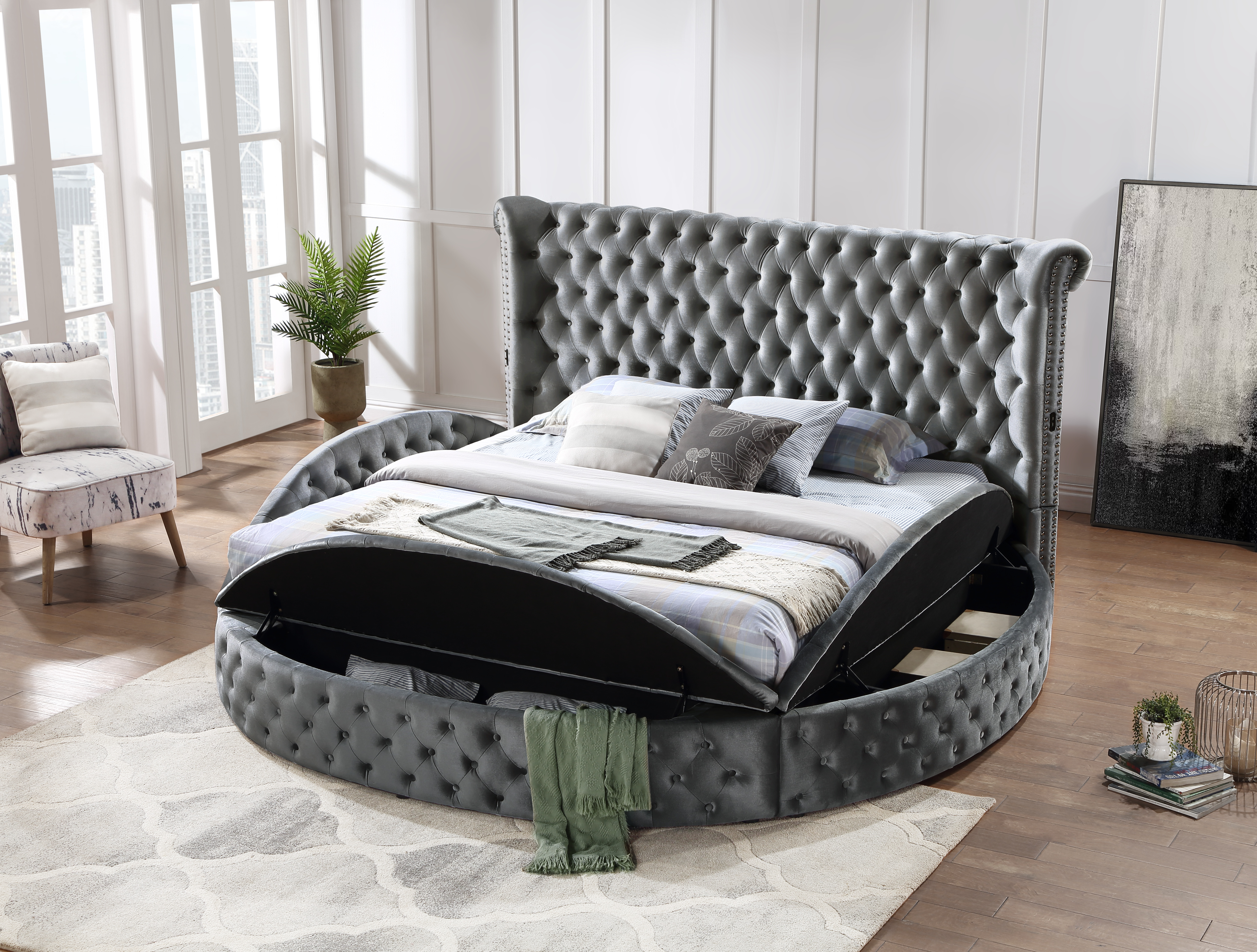 GRAY VELVET KING BED W/BLUETOOTH SPEAKER & USB view 4