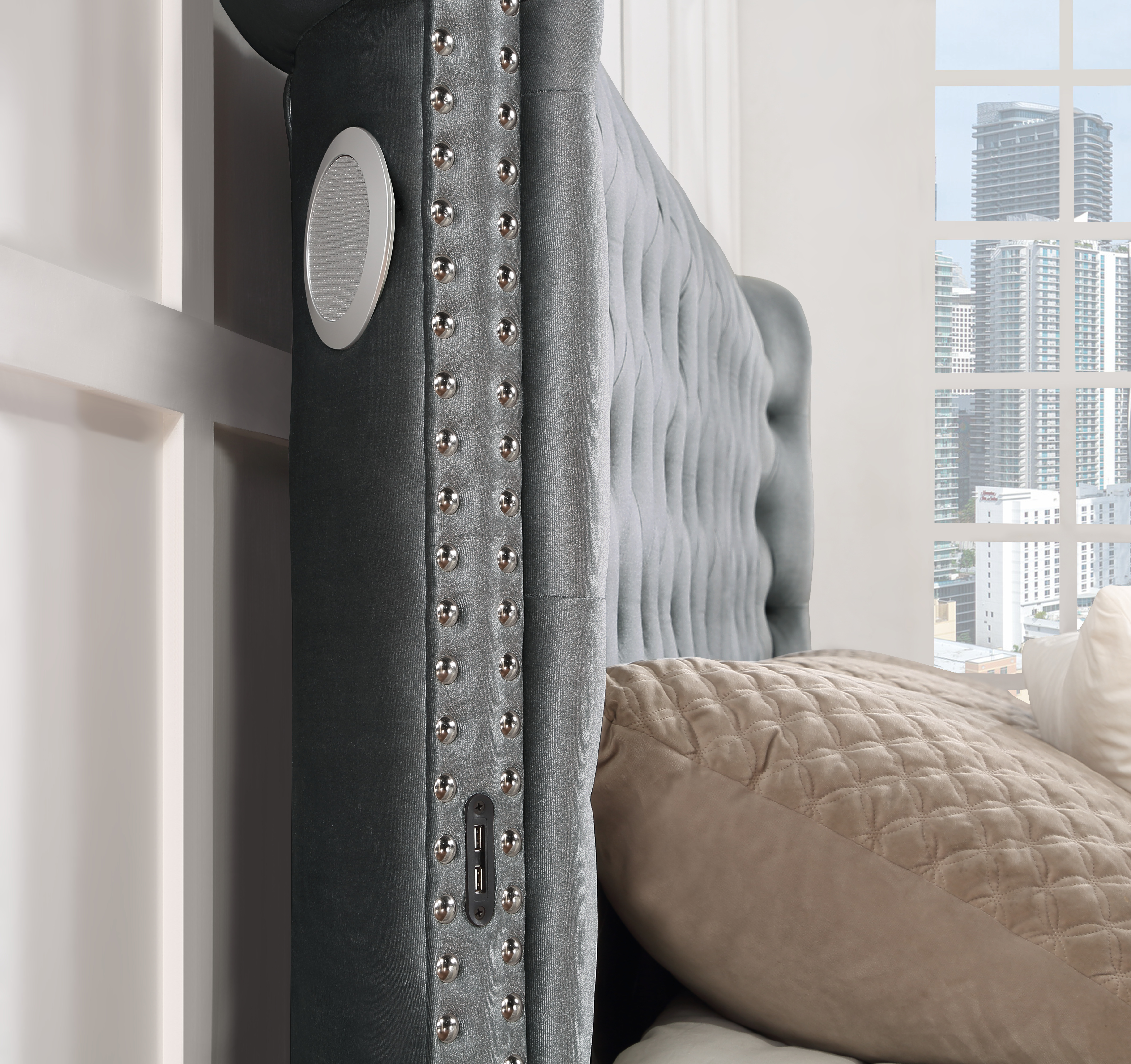 GRAY VELVET QUEEN BED W/BLUETOOTH SPEAKER & USB view 5