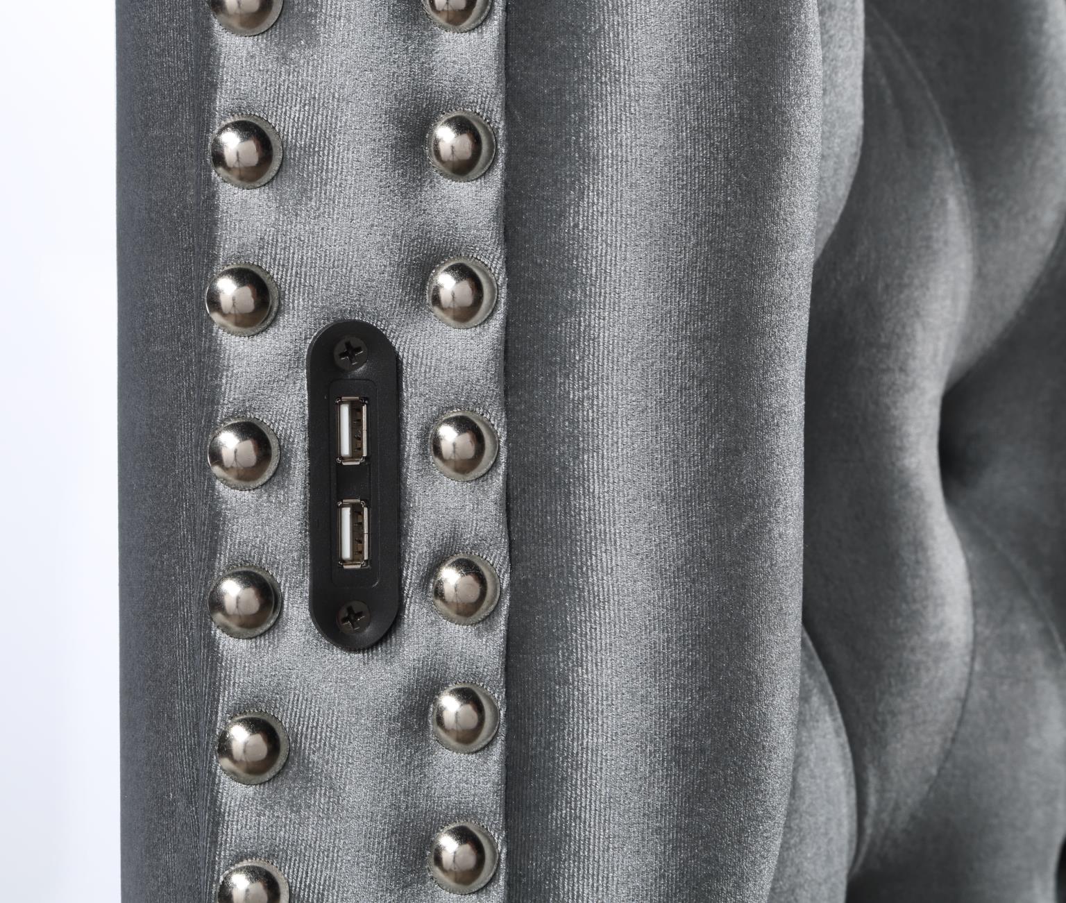 GRAY VELVET QUEEN BED W/BLUETOOTH SPEAKER & USB view 3