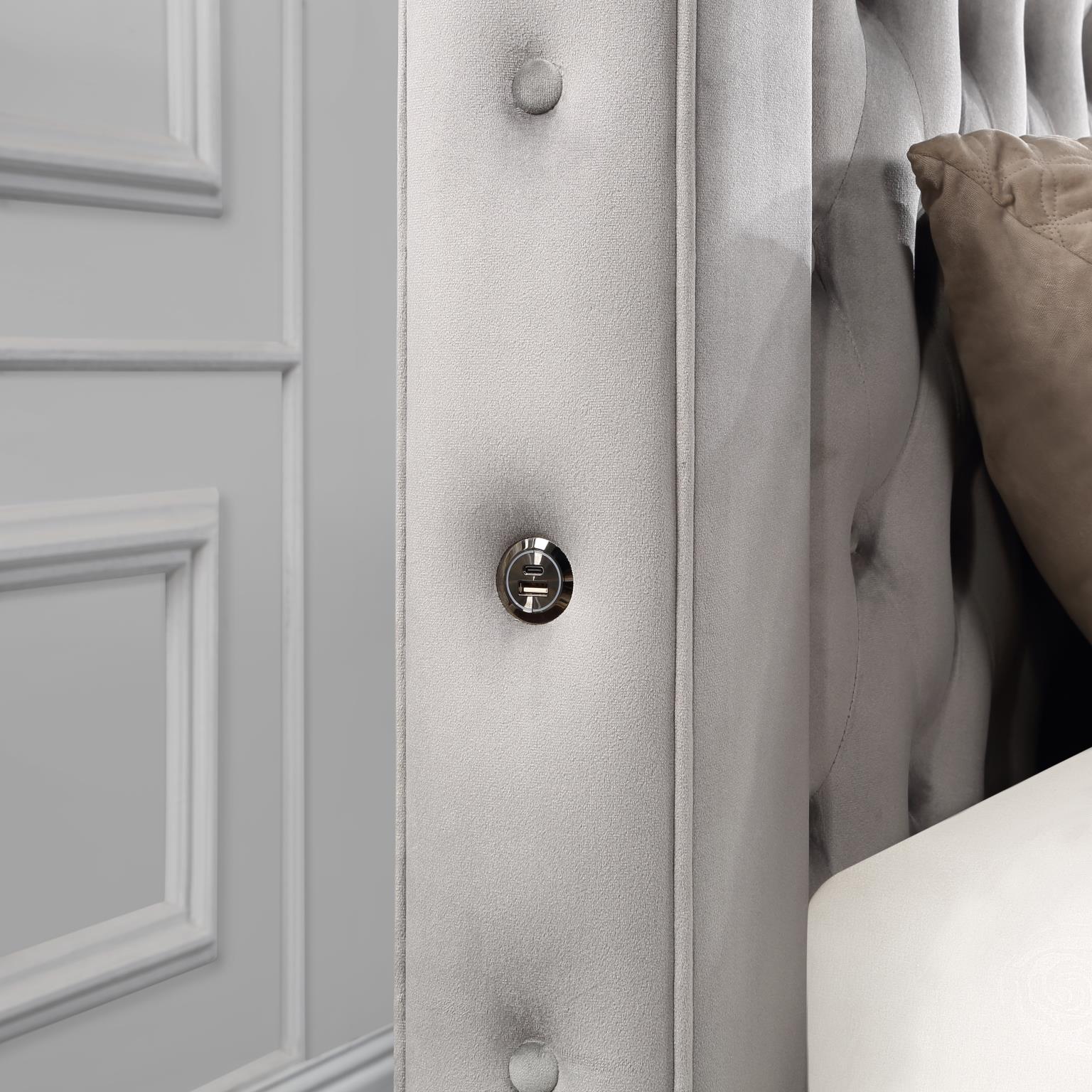 GRAY VELVET QUEEN CANOPY BED W/BLUETOOTH SPEAKER & USB view 2