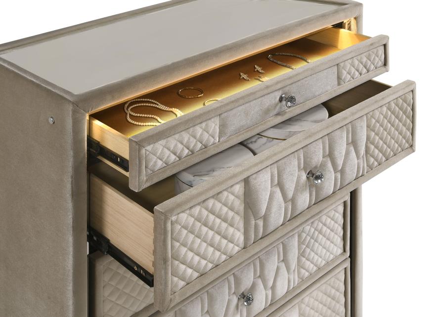 Lorient 5-drawer LED Chest of Drawers Ivory and Camel view 11