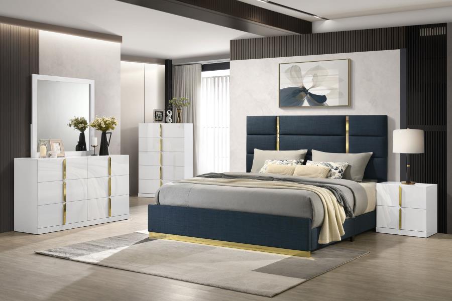 Ines 56-inch Fabric Upholstered Eastern King Panel Bed Navy view 10
