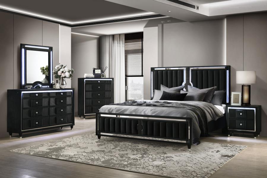 Ravenne Velvet Upholstered Eastern King LED Panel Bed Black view 10