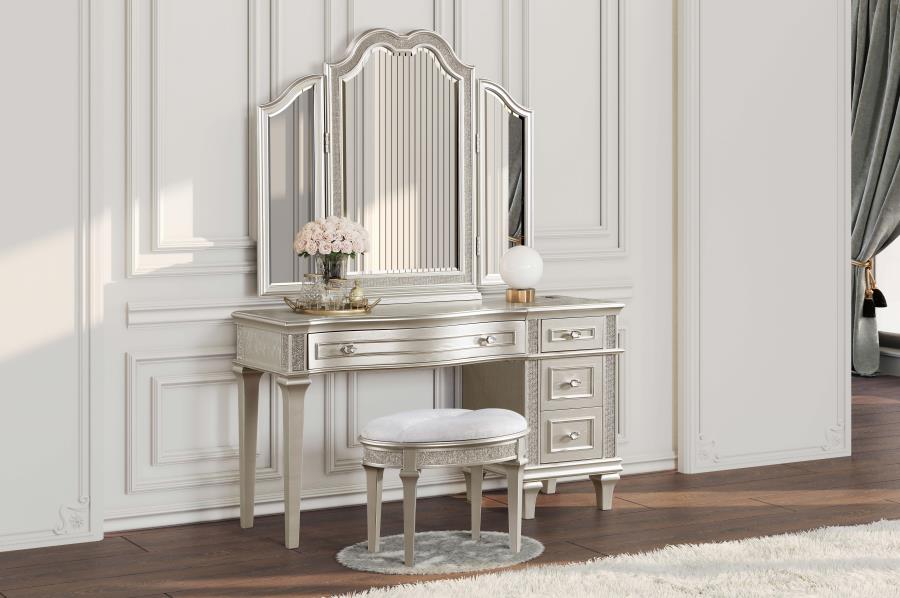 Evangeline Upholstered Oval Vanity Stool Silver and Ivory view 8