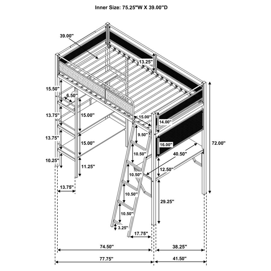 Campus 3-shelf Metal Twin Workstation Loft Bed Matte Black view 8