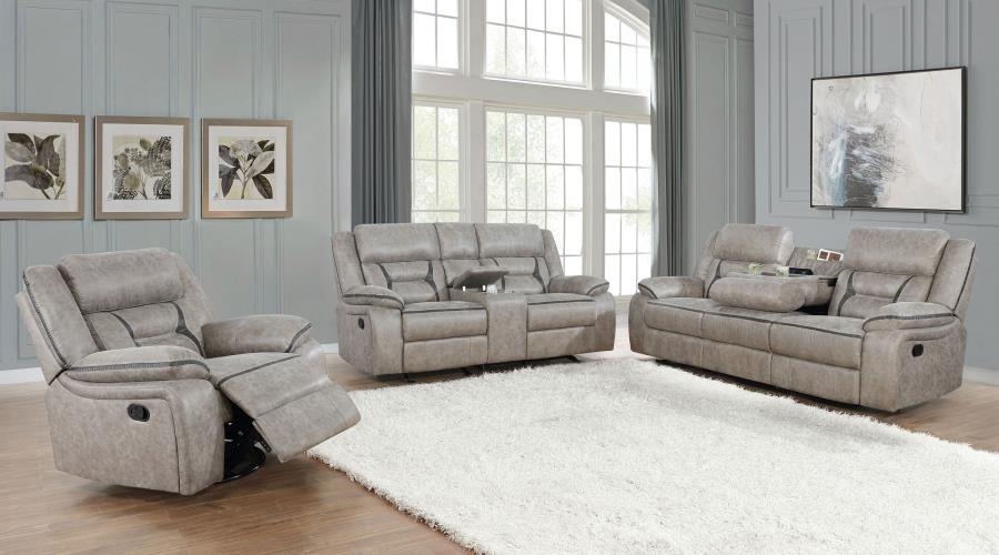 Greer Upholstered Motion Reclining Sofa Taupe view 9