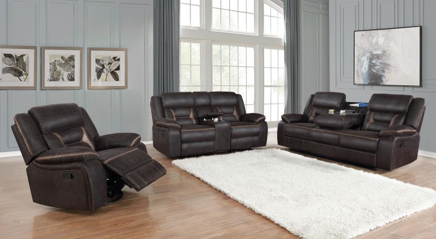 Greer Upholstered Motion Reclining Loveseat Brown view 11