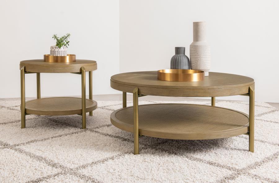 Arini Round Coffee Table With Storage Shelf Sand Wash view 11