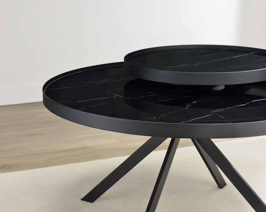 Briggs Round Marble Printed Glass Top Coffee Table Black view 11