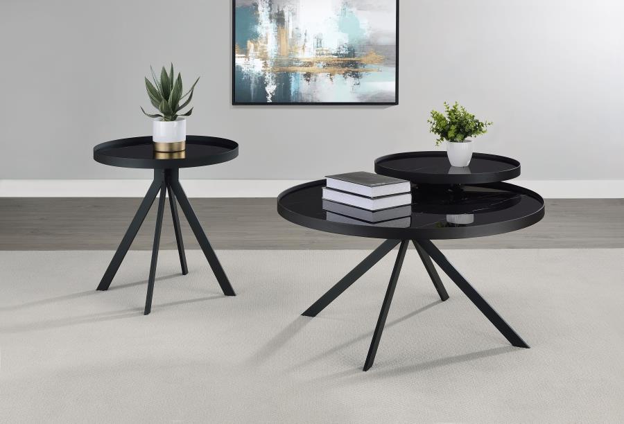 Briggs Round Marble Printed Glass Top Coffee Table Black view 14