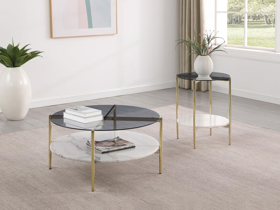 Jonelle Round Glass Top Coffee Table White Marble Shelf Gold view 9