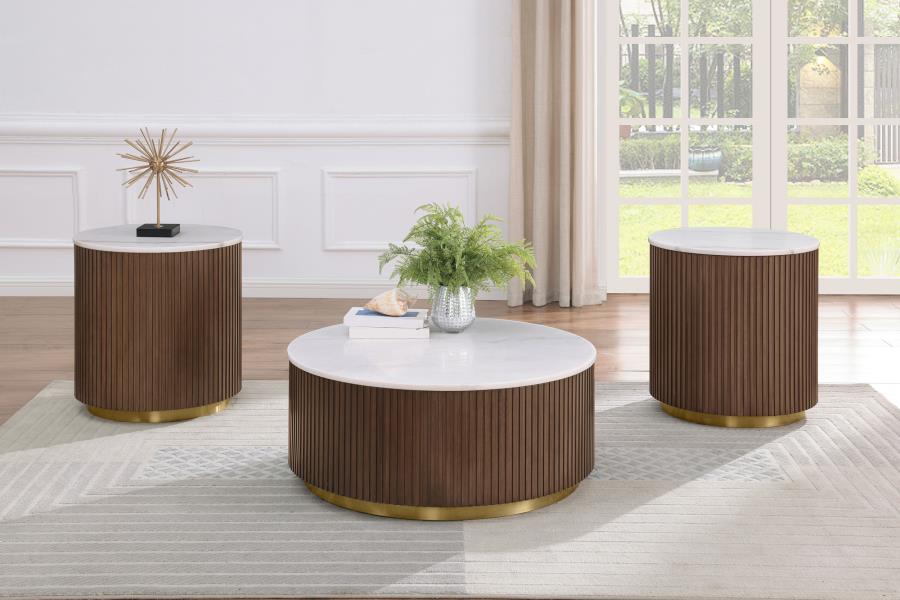 Jason Round White Marble Top Coffee Table Honey Brown view 8