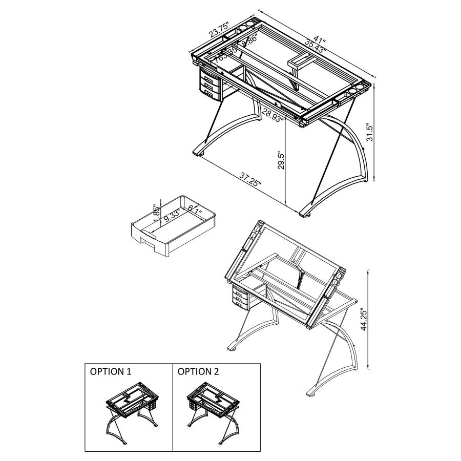 Melo 41-inch Glass Top Drafting Table with Storage Silver view 12