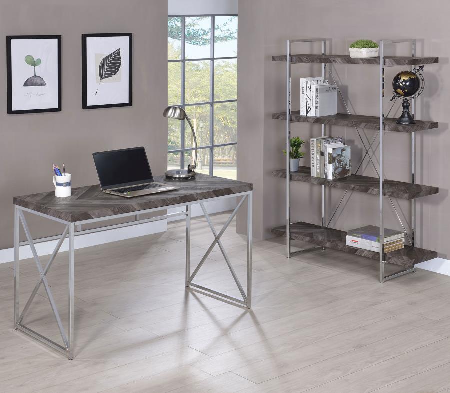 Grimma 63-inch 4-shelf Bookshelf Rustic Grey and Chrome view 12