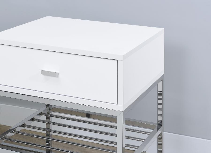 Siega 1-Drawer Shoe Storage Entryway Bench White High Gloss and Chrome view 9