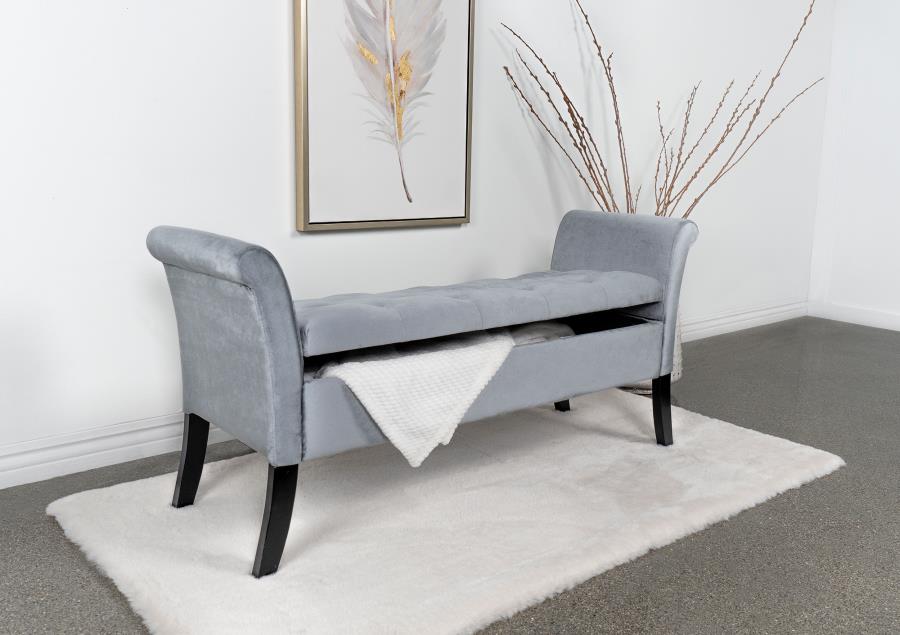 Farrah Velvet Upholstered Rolled Arm Storage Bench Silver view 12