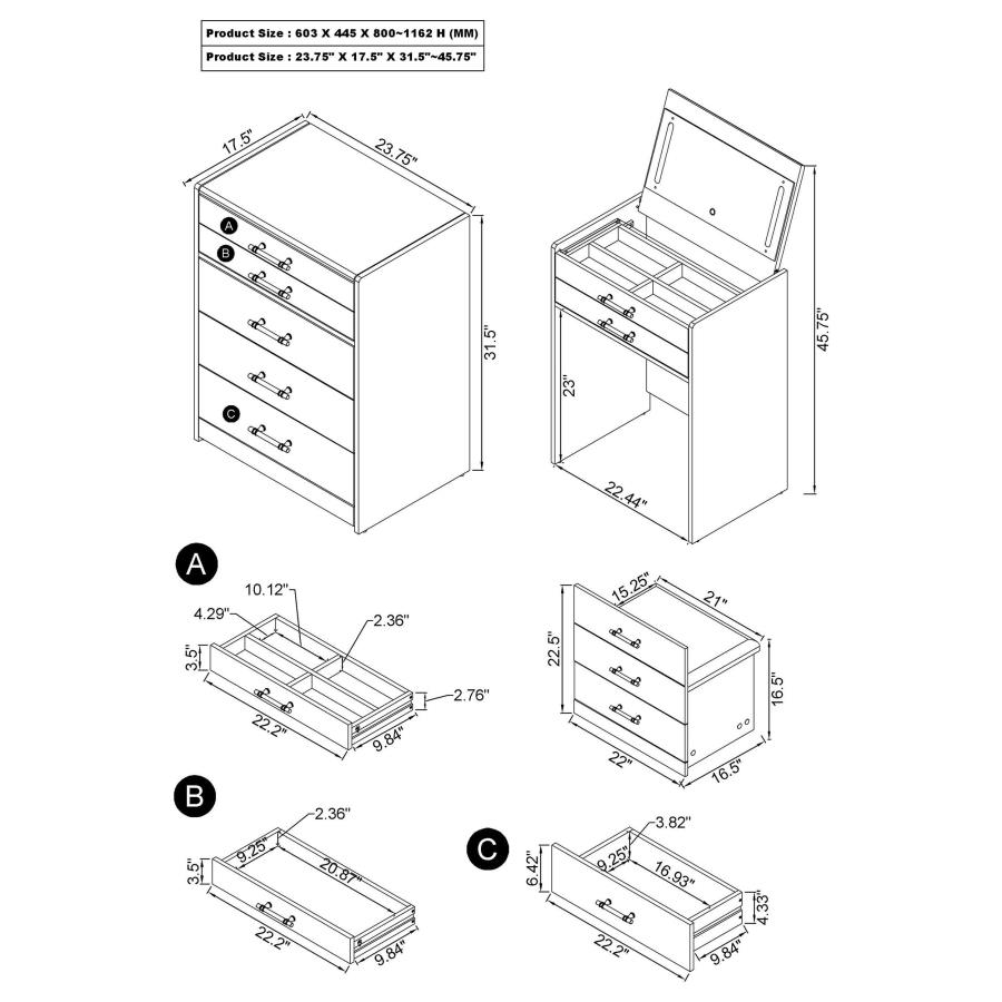 Danbury 3-drawer Makeup Vanity & Stool Set Grey High Gloss view 20