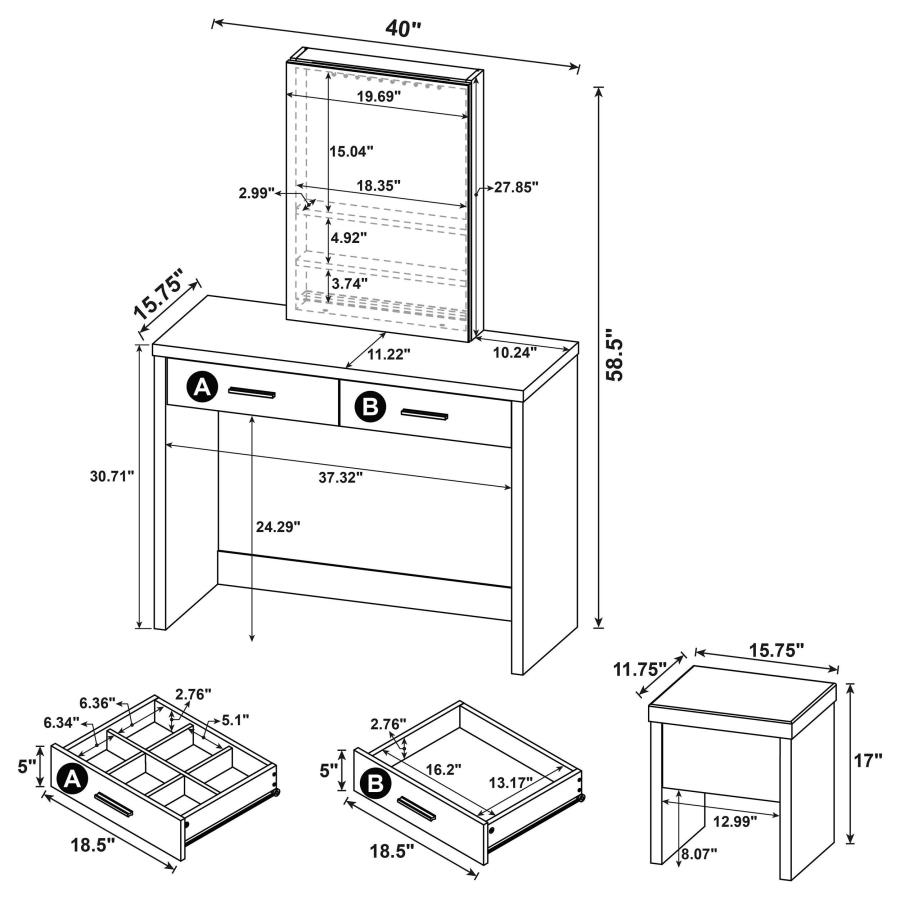 Bunbury Makeup Vanity Table Set Storage Mirror and Stool White view 20
