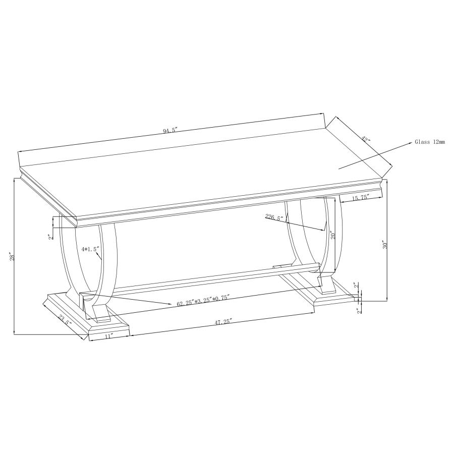 Antoine Rectangular 95-inch Glass Top Dining Table White view 3