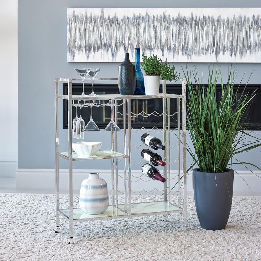 Derion 3-tier Rectangular Glass Shelf Metal Bar Cart Chrome view 2