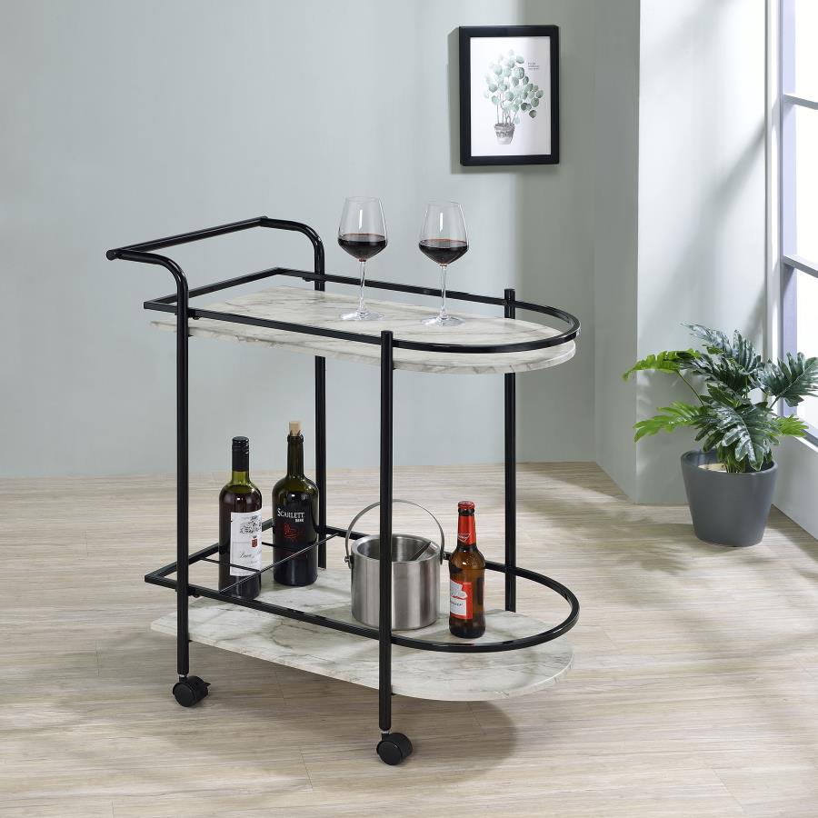 Desiree 2-tier Faux Marble Shelf Metal Bar Cart Black view 2