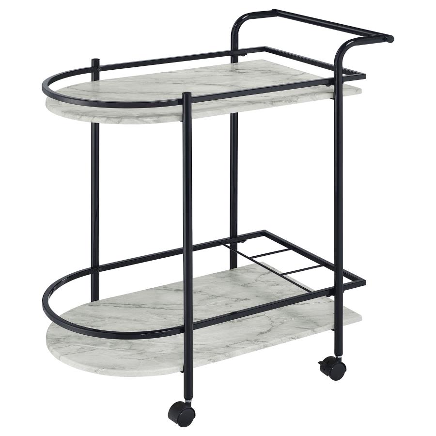 Desiree 2-tier Faux Marble Shelf Metal Bar Cart Black view 3
