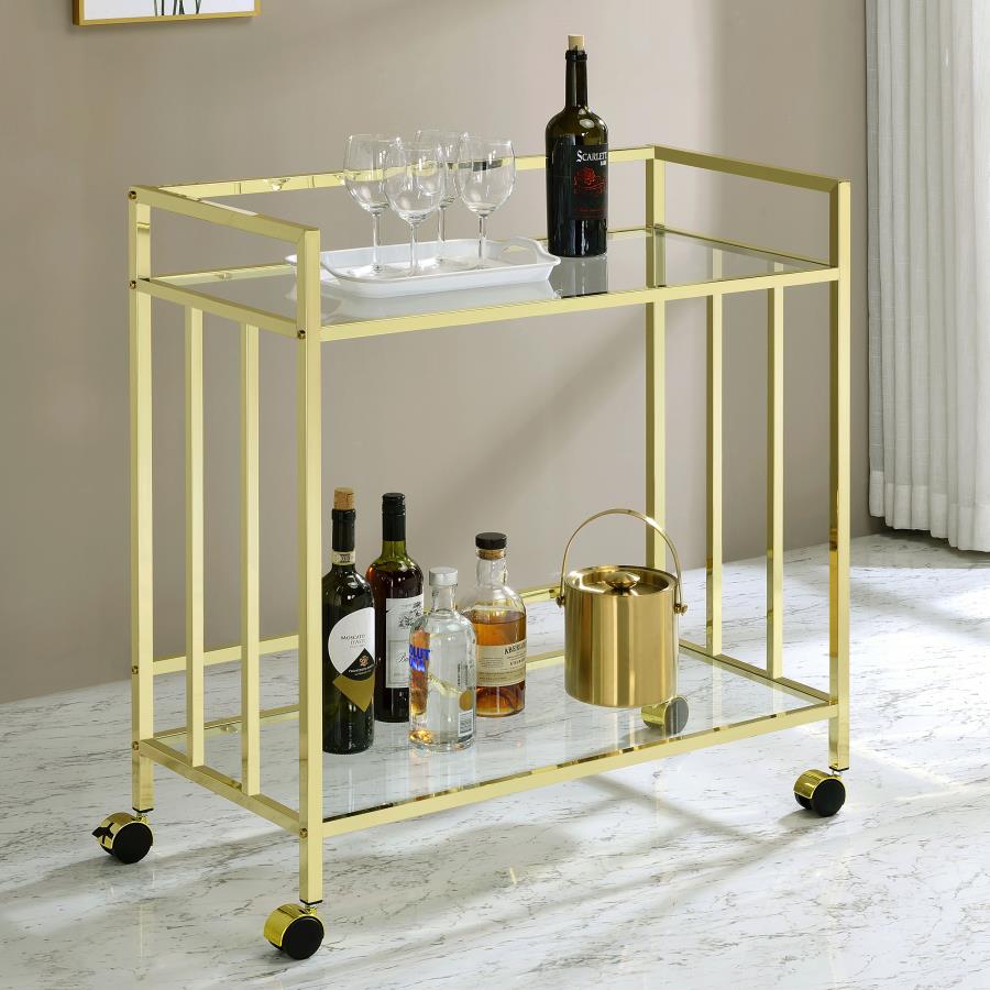 Cara 2-tier Rectangular Glass Shelf Metal Bar Cart Brass view 2