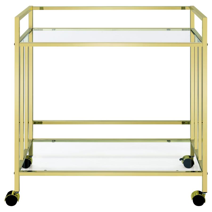 Cara 2-tier Rectangular Glass Shelf Metal Bar Cart Brass view 3