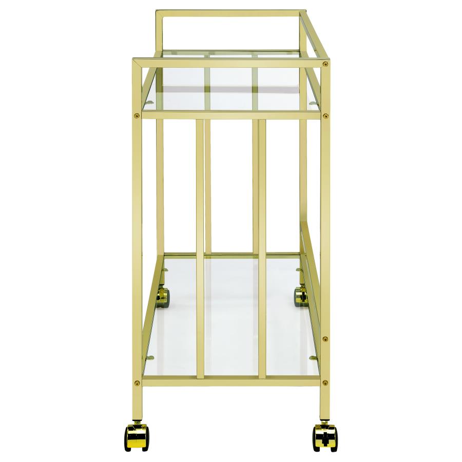 Cara 2-tier Rectangular Glass Shelf Metal Bar Cart Brass view 3