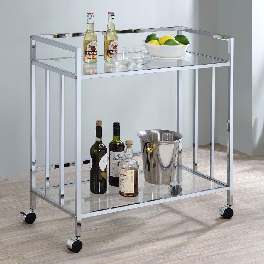 Cara 2-tier Rectangular Glass Shelf Metal Bar Cart Chrome view 2