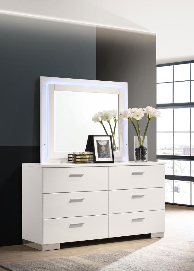 Felicity 6-drawer Dresser with LED Mirror White High Gloss view 2