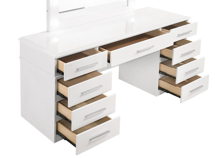 Felicity 9-drawer Vanity Table Lighted Mirror Glossy White view 3