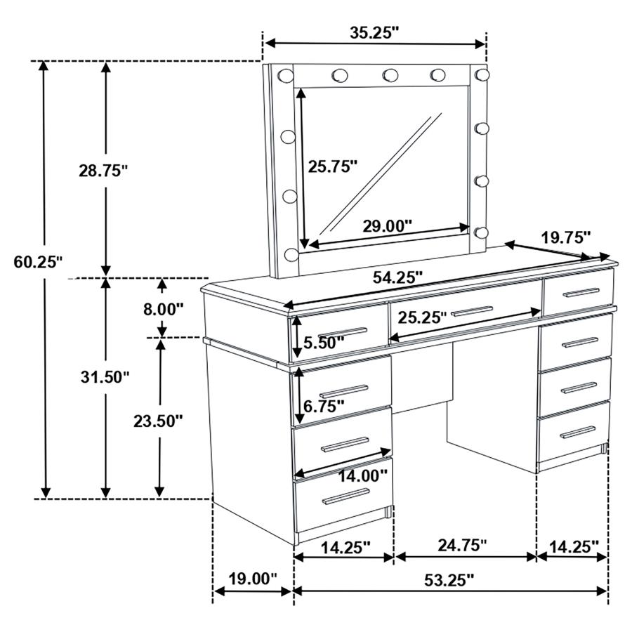 Felicity 9-drawer Vanity Table Lighted Mirror Glossy White view 7