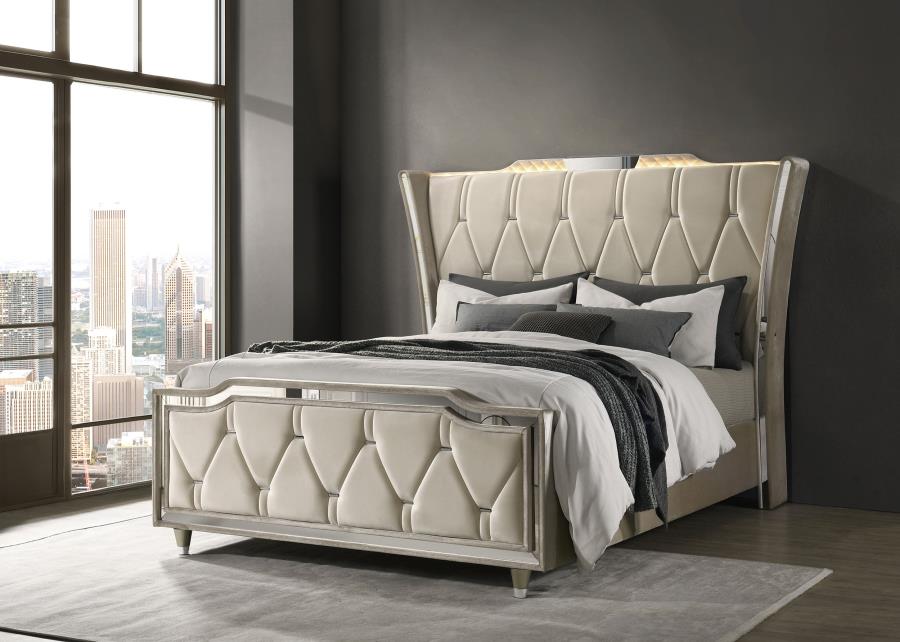 Lorient Queen LED Upholstered Wingback Bed Ivory and Camel view 2
