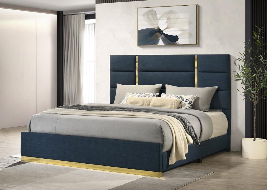 Ines 56-inch Fabric Upholstered Eastern King Panel Bed Navy view 2