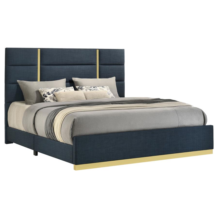 Ines 56-inch Fabric Upholstered Eastern King Panel Bed Navy view 3