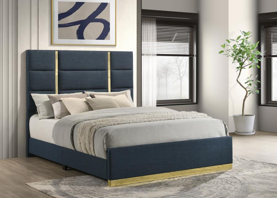Ines 56-inch Fabric Upholstered Queen Panel Bed Navy view 2