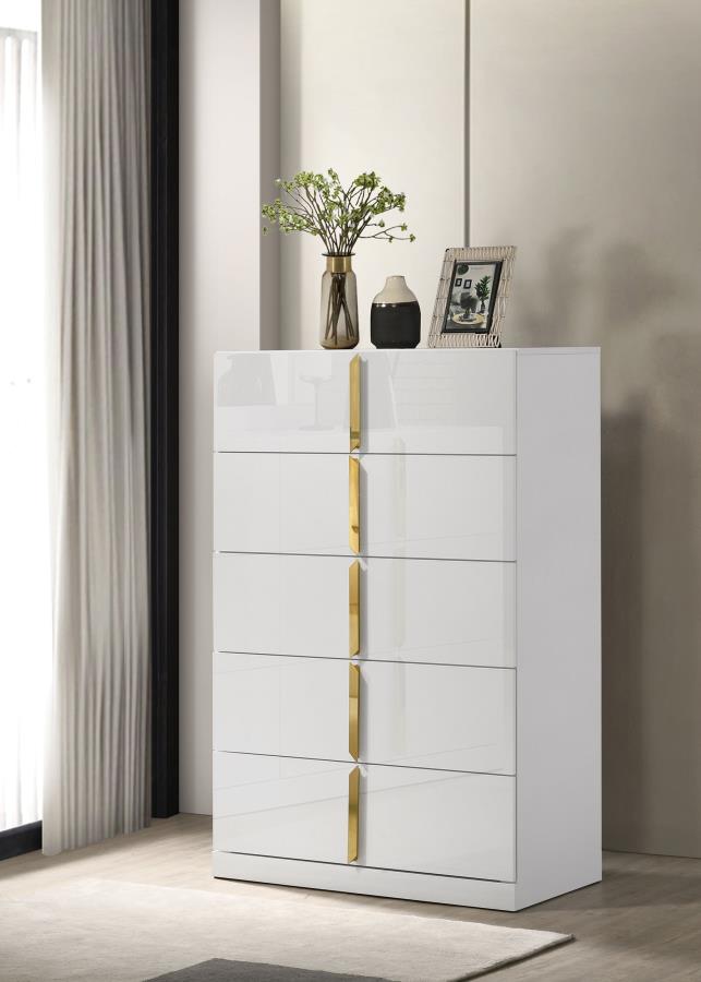 Ines 5-drawer Bedroom Chest of Drawers White High Gloss view 2