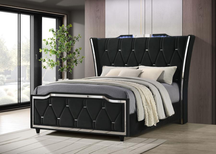 Lorient Queen LED Upholstered Wingback Bed Black view 2