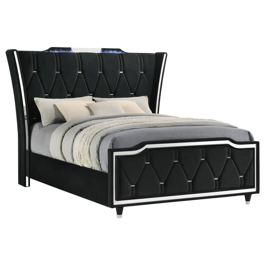 Lorient Queen LED Upholstered Wingback Bed Black view 3