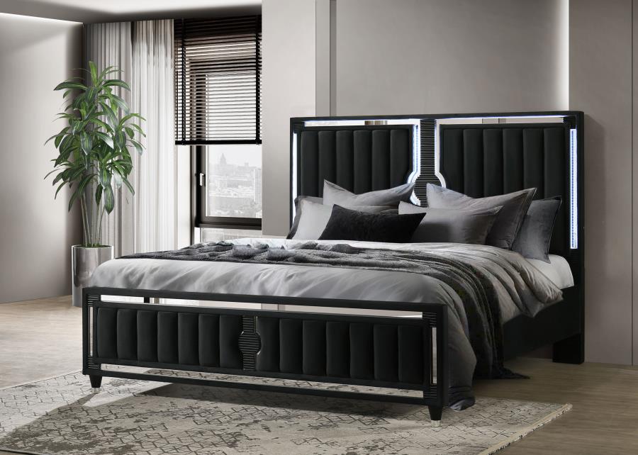 Ravenne Velvet Upholstered Eastern King LED Panel Bed Black view 2