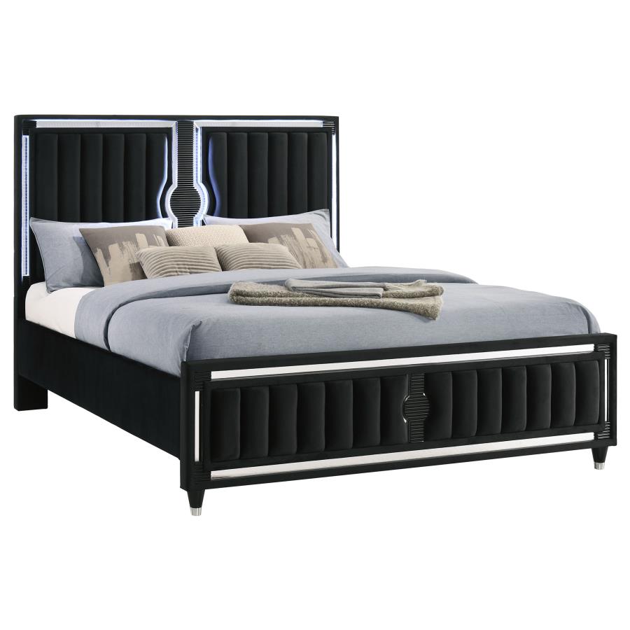 Ravenne Velvet Upholstered Eastern King LED Panel Bed Black view 3