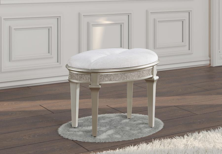 Evangeline Upholstered Oval Vanity Stool Silver and Ivory view 2
