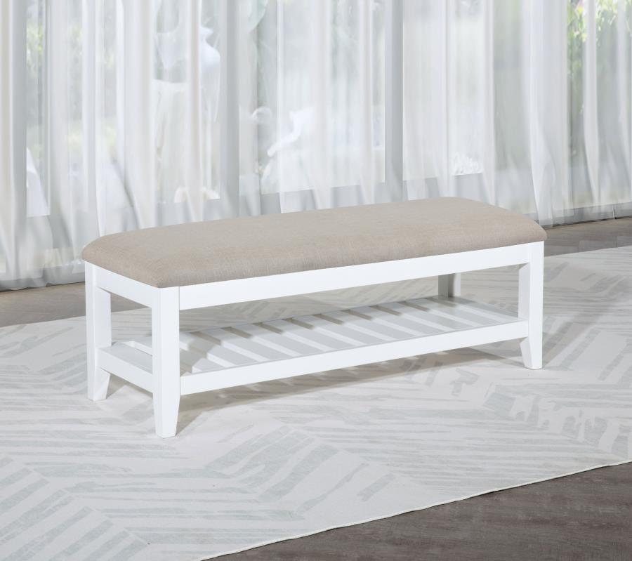 Bexhill Upholstered Rectangular Bench with Shelf White view 2