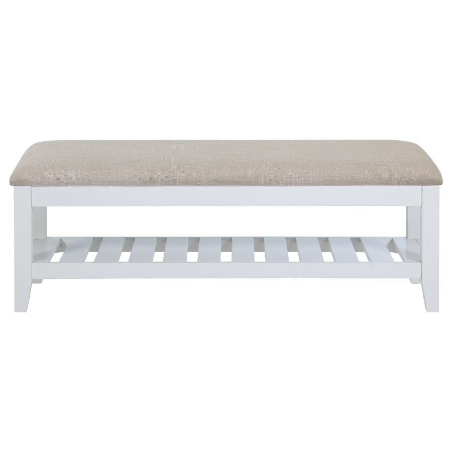 Bexhill Upholstered Rectangular Bench with Shelf White view 3