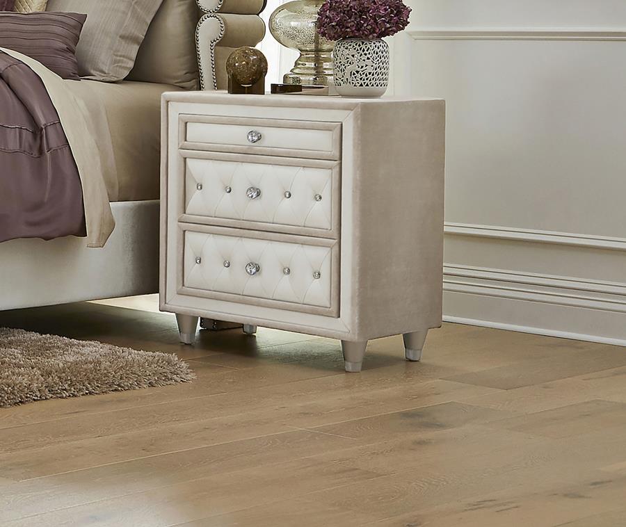 Antonella Upholstered 3-drawer Nightstand Ivory and Camel view 2